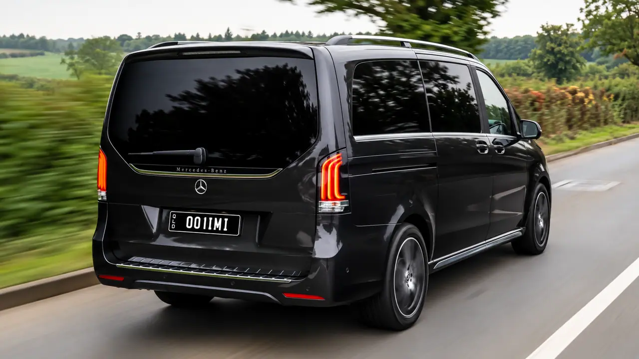 The IMI Transfers Mercedes-Benz V-Class on the road, seen from the rear three-quarter